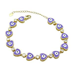 Copper Heart Lavender Enamel Evil Eye Bracelet Pave Zircon Gold Plated, approx 9.5mm, 18-25cm length