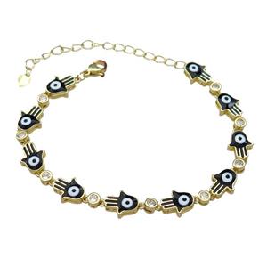 Copper HamsaHand Black Enamel Evil Eye Bracelet Pave Zircon Gold Plated, approx 9-11mm, 17-24cm length