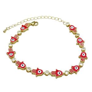 Copper Hamsahand Bracelet Evil Eye Red Enamel Gold Plated, approx 9-11mm, 17-24cm length