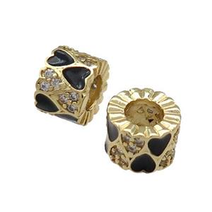 Copper Tube Beads Pave Zircon Black Enamel Large Hole Gold Plated, approx 9mm, 4mm hole