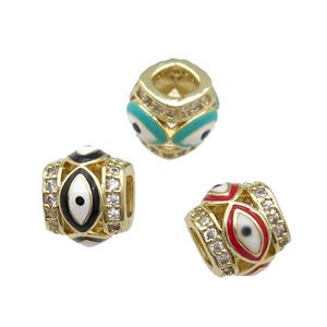 Mixed Copper Tube Beads Pave Zircon Enamel Evil Eye Large Hole Gold Plated, approx 9-10mm, 5mm hole