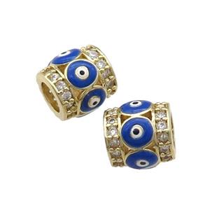 Copper Tube Beads Pave Zircon Blue Enamel Evil Eye Large Hole Gold Plated, approx 9-10mm, 5mm hole