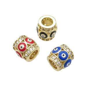 Mixed Copper Tube Beads Pave Zircon Enamel Evil Eye Large Hole Gold Plated, approx 9-10mm, 5mm hole