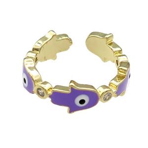 Copper Hamsahand Ring Lavender Enamel Evil Eye Gold Plated, approx 6.5mm, 18mm dia