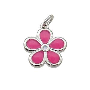 Copper Flower Pendant Hotpink Enamel Platinum Plated, approx 12.5mm