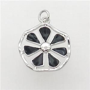 Copper Flower Pendant Black Enamel Platinum Plated, approx 19mm