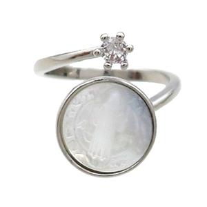 Copper Ring Pave Zircon Jesus MOP Shell Platinum Plated, approx 5mm, 13.5mm, 18mm dia