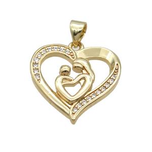 Copper Heart Pendant Baby Mom Pave Zircon Unfade 18K Gold Plated, approx 20mm