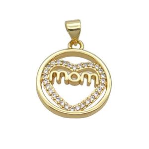 Copper Circle Heart Pendant Pave Zircon Mom Unfade 18K Gold Plated, approx 17mm