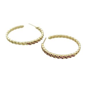 Copper Stud Earring Pave Hotpink Zircon Gold Plated, approx 3.5mm, 35mm dia