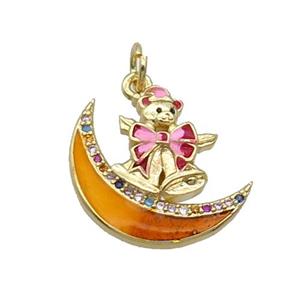 Copper Moon Pendant Pave Zircon Orange Enamel Mouse Gold Plated, approx 18mm