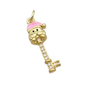 Copper Key Santa Claus Pendant Pave Zircon Pink Enamel Gold Plated, approx 8-21mm