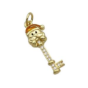 Copper Key Santa Claus Pendant Pave Zircon Orange Enamel Gold Plated, approx 8-21mm