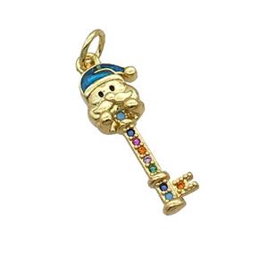 Copper Key Santa Claus Pendant Pave Zircon Blue Enamel Gold Plated, approx 8-21mm