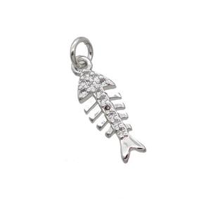 Copper Fishbone Pendant Pave Zircon Platinum Plated, approx 5-13mm