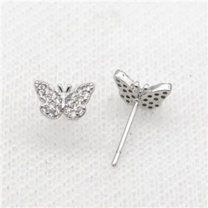 Copper Stud Earring Pave Zircon Butterfly Platinum Plated, approx 5.5-9mm