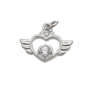 Copper Angel Wing Pendant Pave Zircon Heart Platinum Plated, approx 9-14.5mm