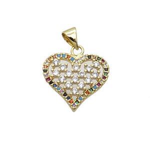 Copper Heart Pendant Pave Zircon Multicolor Gold Plated, approx 18mm