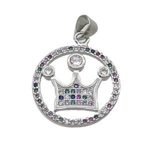 Copper Crown Pendant Pave Zircon Multicolor Circle Platinum Plated, approx 20mm dia