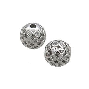 Copper Round Beads Pave Zircon Hollow Platinum Plated, approx 8mm dia