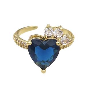 Copper Ring Pave Zircon Blue Crystal Heart Gold Plated, approx 10mm, 18mm dia