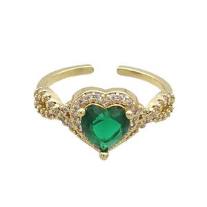 Copper Ring Pave Zircon Green Crystal Heart Gold Plated, approx 10mm, 18mm dia