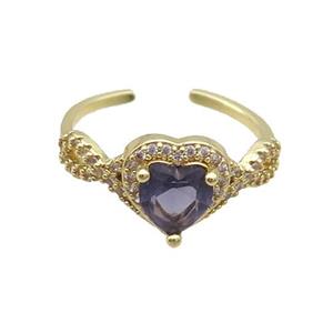 Copper Ring Pave Zircon Purple Crystal Heart Gold Plated, approx 10mm, 18mm dia