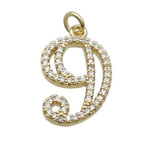 Copper Number-9 Pendant Pave Zircon Gold Plated, approx 14-18mm