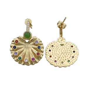 Copper Stud Earring Pave Zircon Peacock Screen Circle Gold Plated, approx 20mm