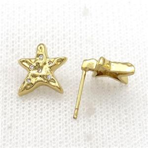 Copper Stud Earring Star Pave Zircon Gold Plated, approx 11-12mm