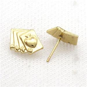 Copper Stud Earring Pave Zircon Card Gold Plated, approx 10-15mm