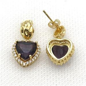 Copper Stud Earring Pave Zircon Purple Crystal Heart Gold Plated, approx 13.5-14mm, 7-9mm