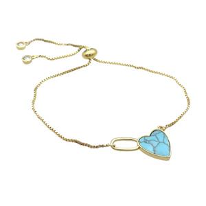 Copper Bracelet Blue Turquoise Heart Adjustable Gold Plated, approx 12-20mm, 22cm length