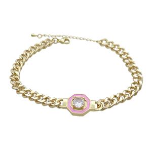 Copper Bracelet Pave Crystal Pink Enamel Gold Plated, approx 14mm, 7mm, 21-26cm length