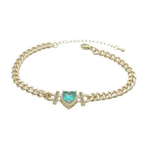 Copper Bracelet Pave Aqua Crystal Heart Gold Plated, approx 11mm, 7mm, 21-26cm length