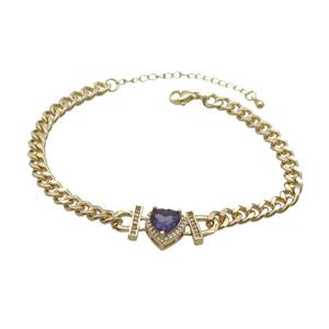 Copper Bracelet Pave Purple Crystal Heart Gold Plated, approx 11mm, 7mm, 21-26cm length