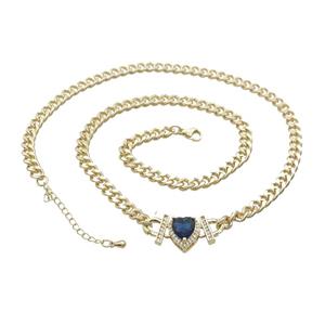 Copper Necklace Pave Blue Crystal Heart Gold Plated, approx 11mm, 7mm, 47-52cm length