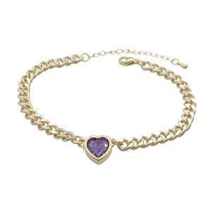 Copper Bracelet Pave Purple Crystal Heart Gold Plated, approx 11mm, 7mm, 21-26cm length