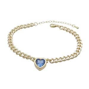 Copper Bracelet Pave Blue Crystal Heart Gold Plated, approx 11mm, 7mm, 21-26cm length