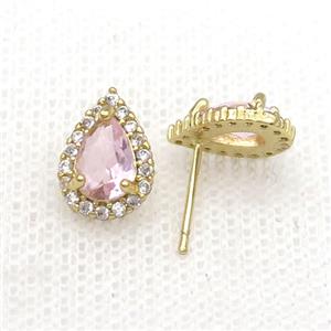 Copper Stud Earring Pave Zircon Pink Crystal Teardrop Gold Plated, approx 8-11mm