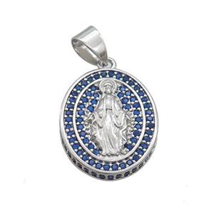 Copper Jesus Pendant Pave Blue Zircon Oval Platinum Plated, approx 16-19mm