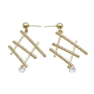 Copper Stud Earring Pave Zircon Gold Plated, approx 32-40mm