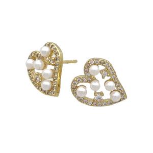 Copper Stud Earring Pave Zircon Heart Gold Plated, approx 11.5-13.5mm