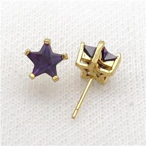 Copper Stud Earring Pave Purple Crystal Star Gold Plated, approx 9mm