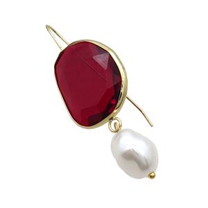 Copper Hook Earring With Pearlized Shell Red Cat Eye Glass Gold Plated, approx 20-25mm, 11-14mm