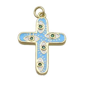 Copper Cross Pendant Pave Zircon Blue Enamel Eye Gold Plated, approx 16-21mm