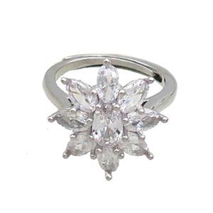 Copper Ring Pave Clear Crystal Glass Flower Adjustable Platinum Plated, approx 17mm, 18mm dia