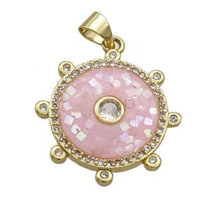 Copper Circle Pendant Pave Shell Pink Gold Plated, approx 22mm