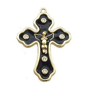 Copper Cross Pendant Black Enamel Gold Plated, approx 22-30mm