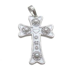 Copper Cross Pendant Pave Zircon White Enamel Platinum Plated, approx 20-30mm